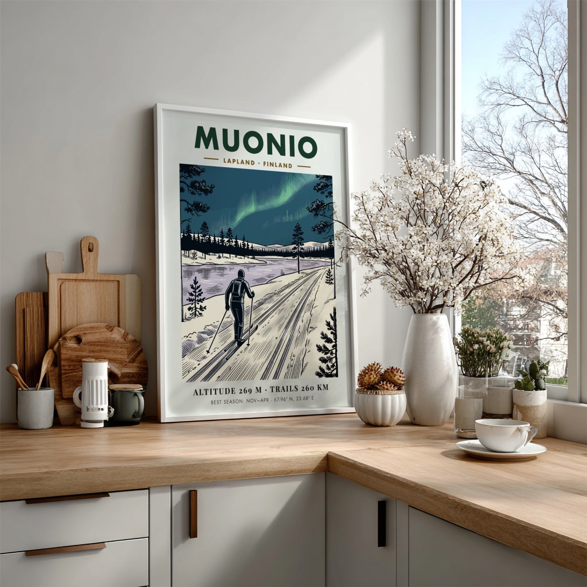 Poster of a cross-country skier in Muonio Lapland under the green northern lights