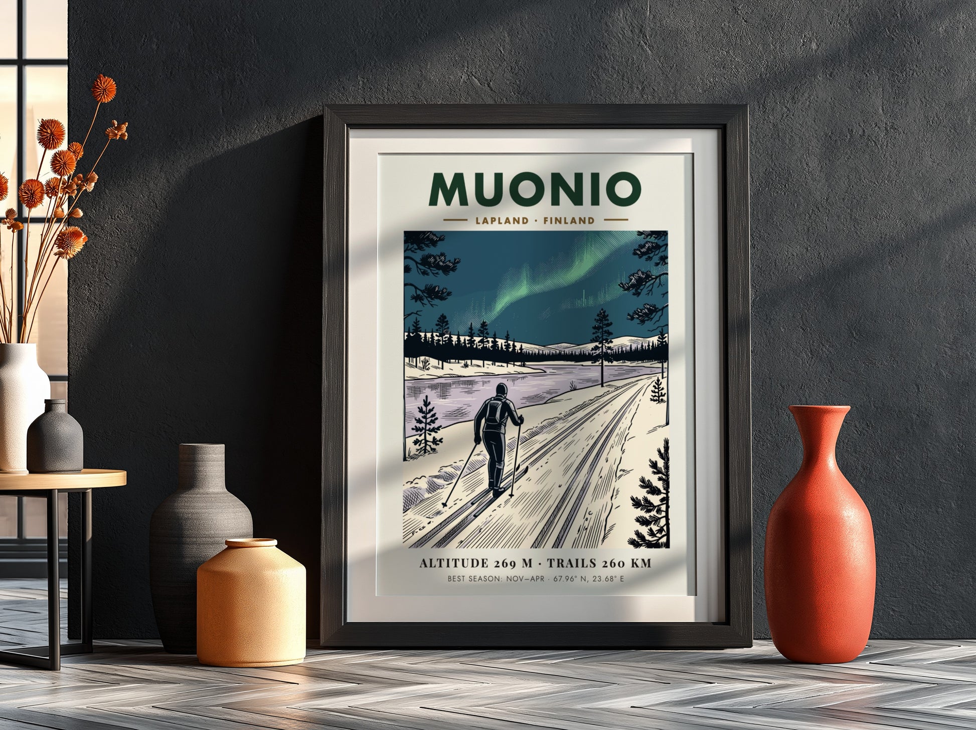 Poster of a cross-country skier in Muonio Lapland under the green northern lights