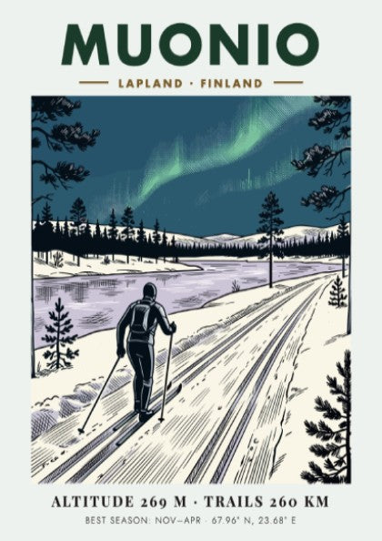 Poster of a cross-country skier in Muonio Lapland under the green northern lights