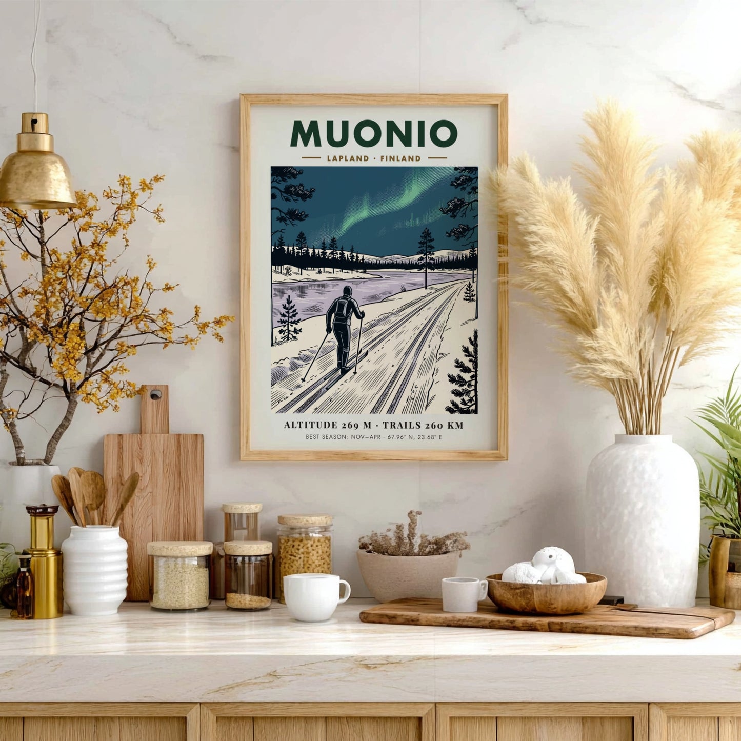 Poster of a cross-country skier in Muonio Lapland under the green northern lights