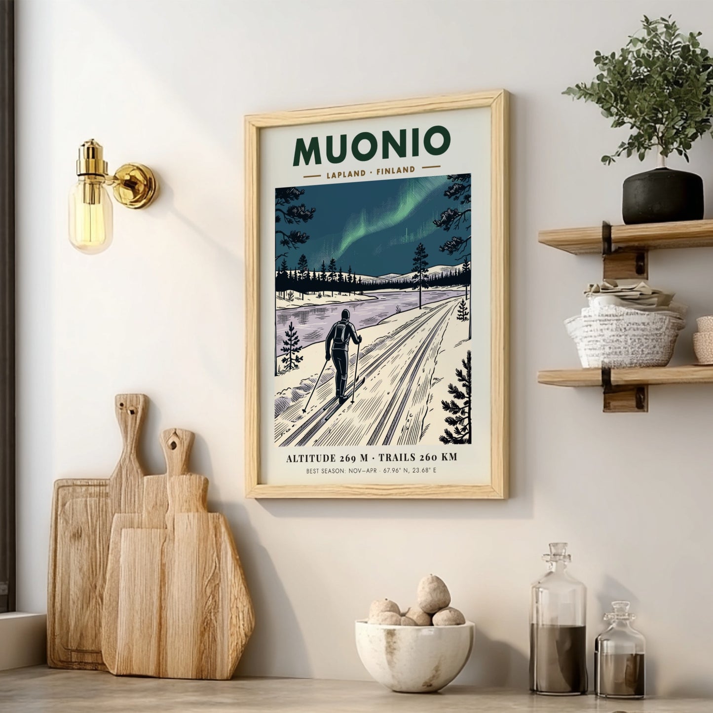 Poster of a cross-country skier in Muonio Lapland under the green northern lights