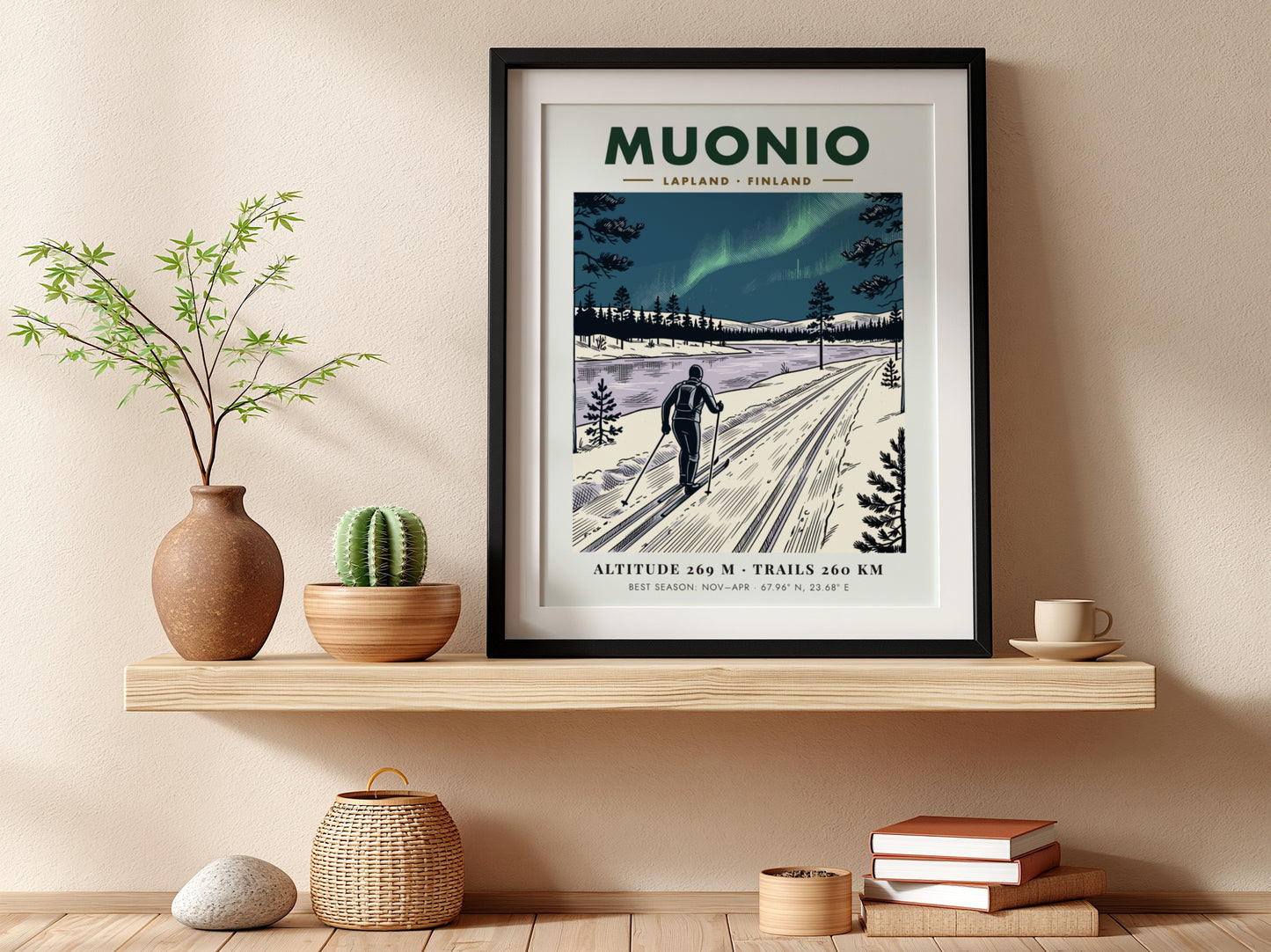 Poster of a cross-country skier in Muonio Lapland under the green northern lights