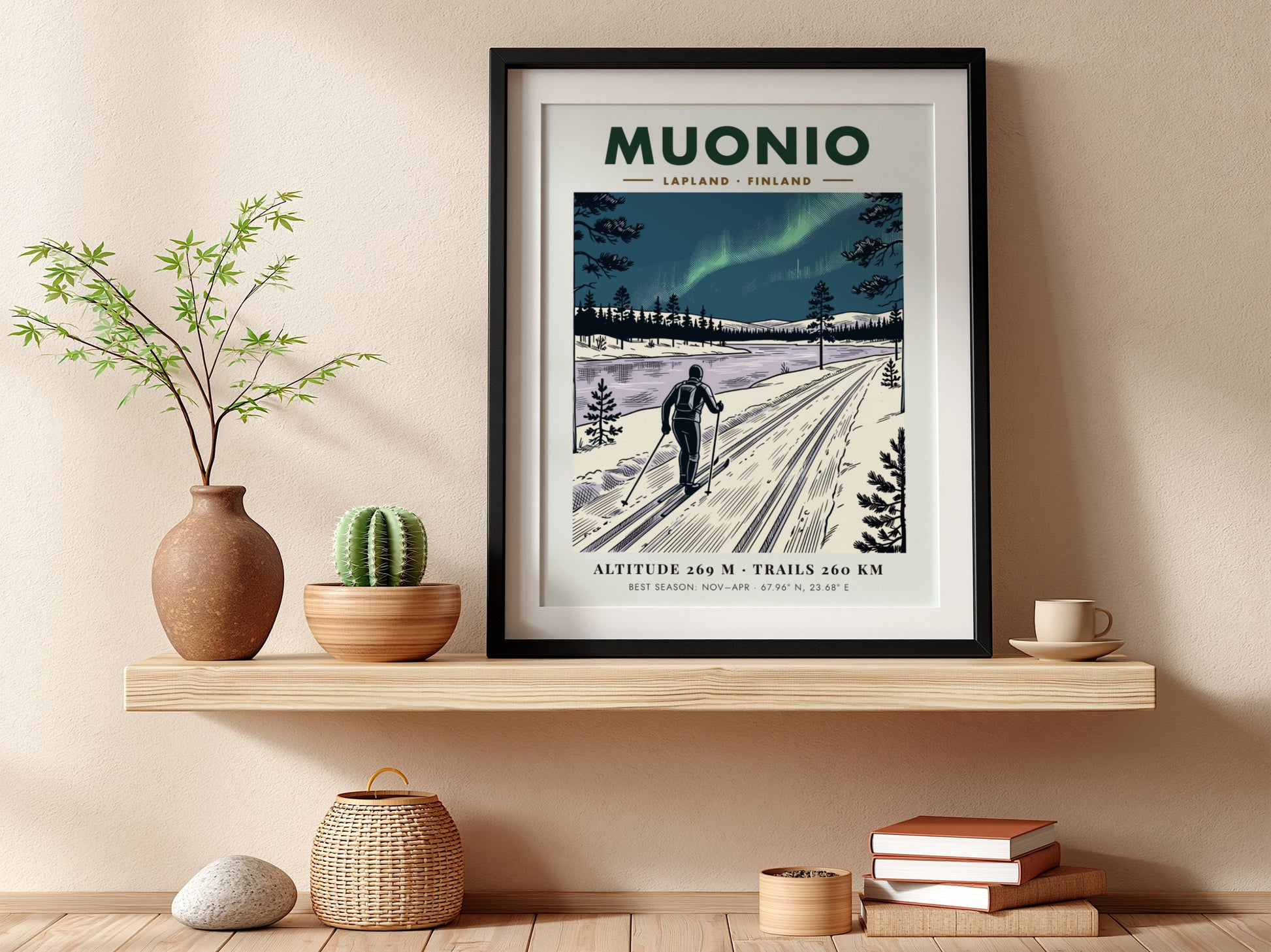 Poster of a cross-country skier in Muonio Lapland under the green northern lights