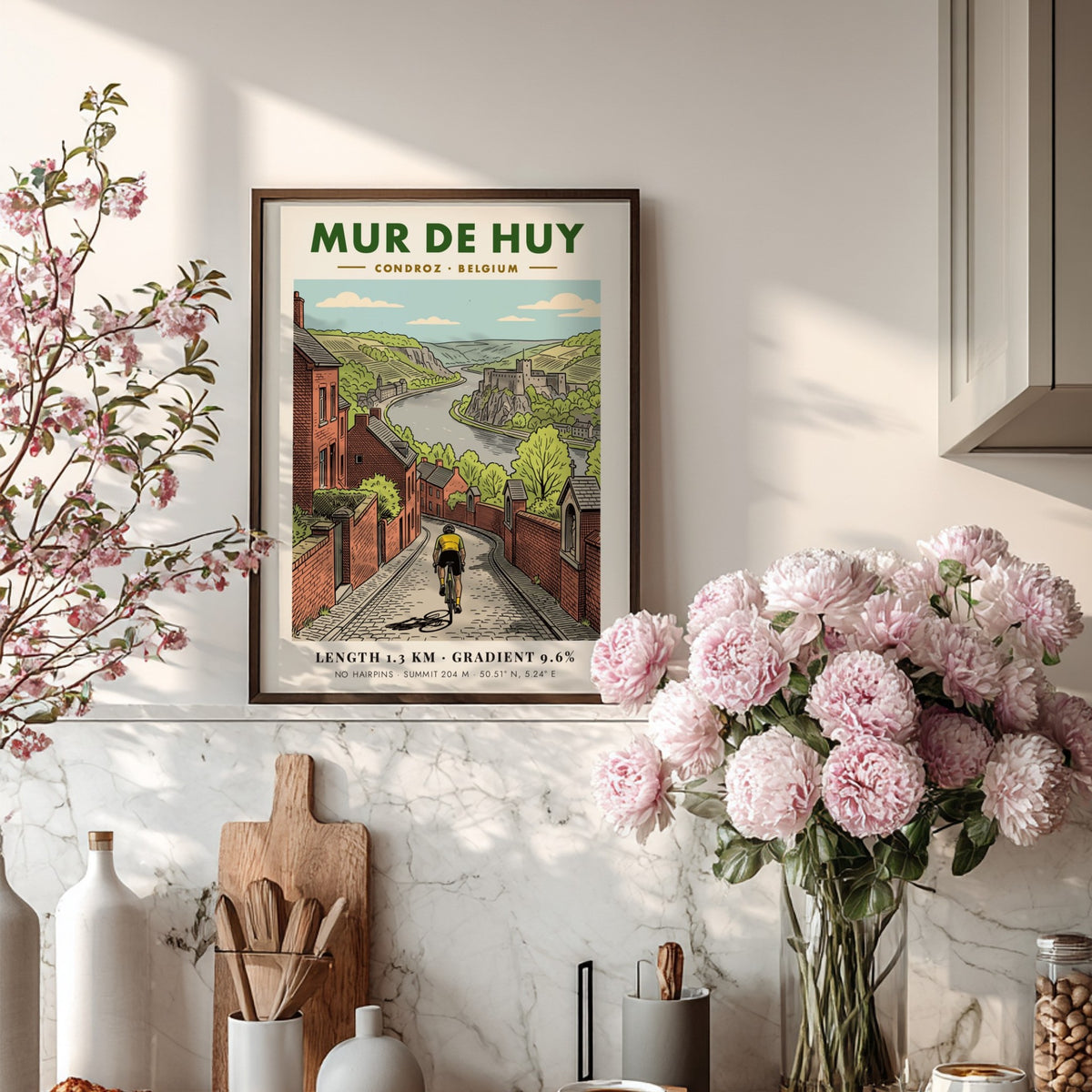 Poster of a cyclist climbing the steep Mur De Huy cobblestone road in Belgium.
