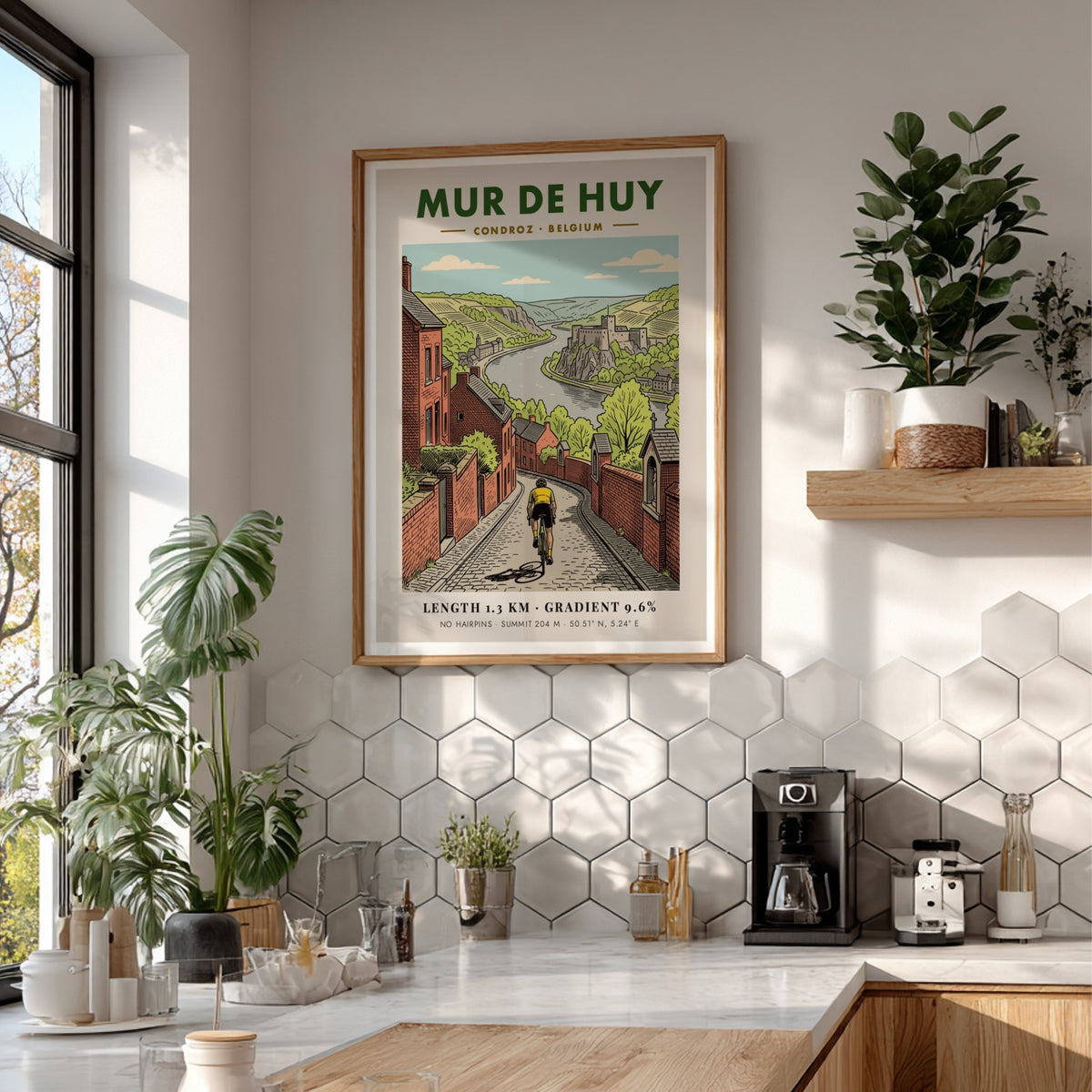 Poster of a cyclist climbing the steep Mur De Huy cobblestone road in Belgium.