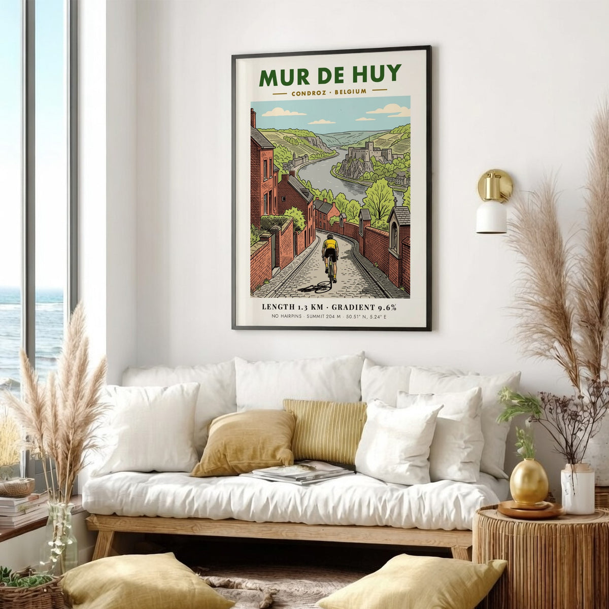 Poster of a cyclist climbing the steep Mur De Huy cobblestone road in Belgium.