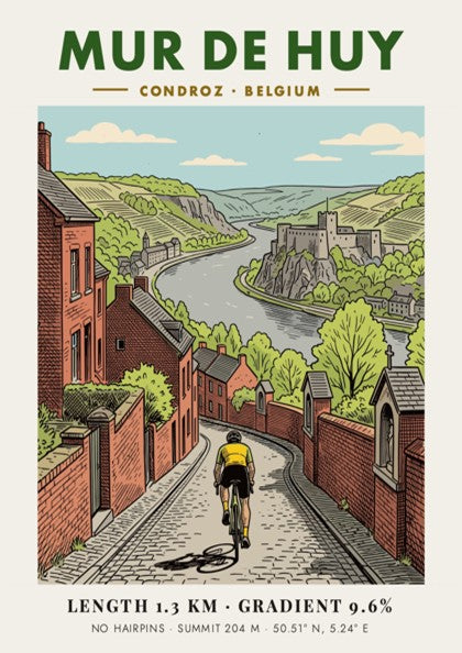 Poster of a cyclist climbing the steep Mur De Huy cobblestone road in Belgium.