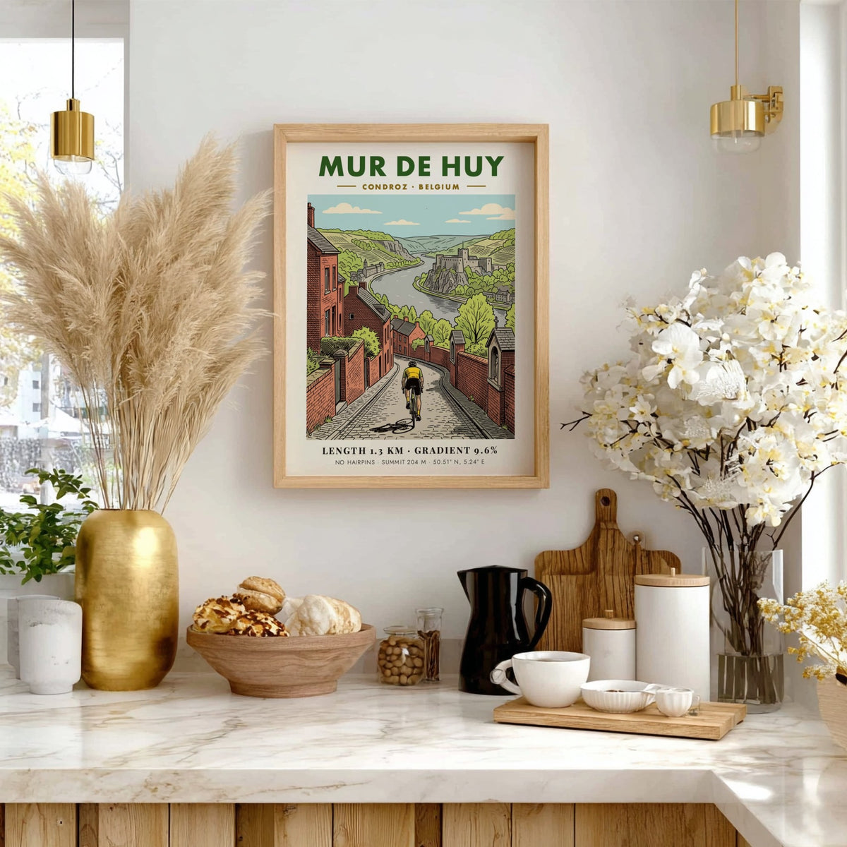 Poster of a cyclist climbing the steep Mur De Huy cobblestone road in Belgium.