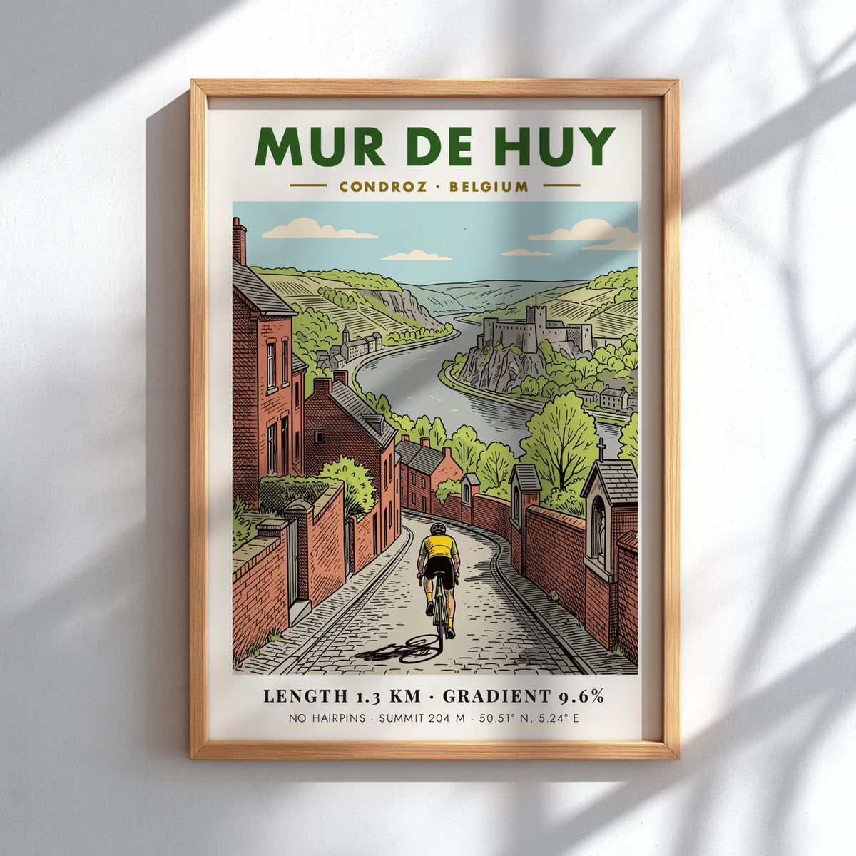 Poster of a cyclist climbing the steep Mur De Huy cobblestone road in Belgium.
