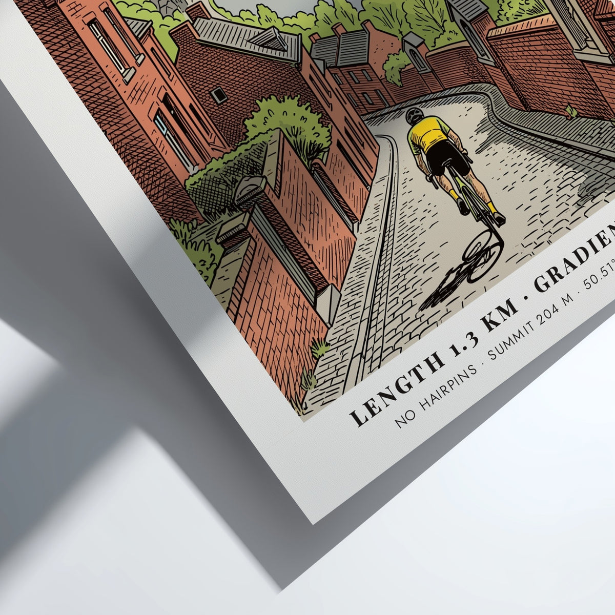 Poster of a cyclist climbing the steep Mur De Huy cobblestone road in Belgium.