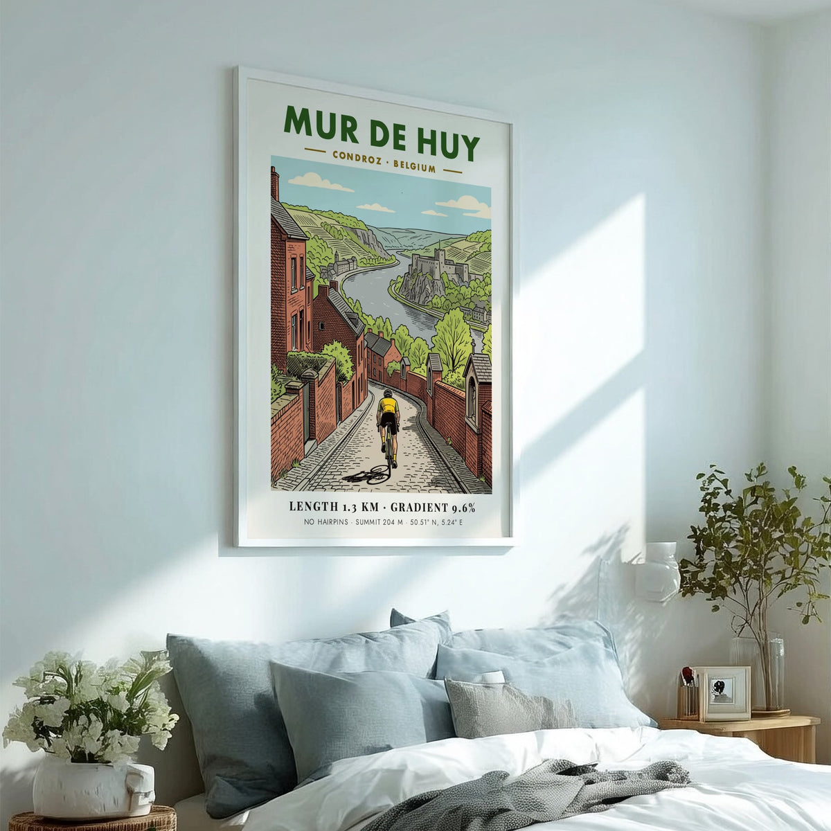 Poster of a cyclist climbing the steep Mur De Huy cobblestone road in Belgium.