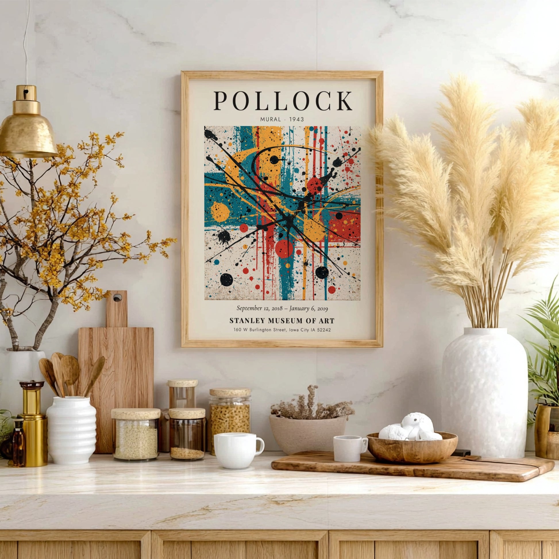Wall art poster of Jackson Pollock Mural 1943 featuring colorful abstract paint splatters