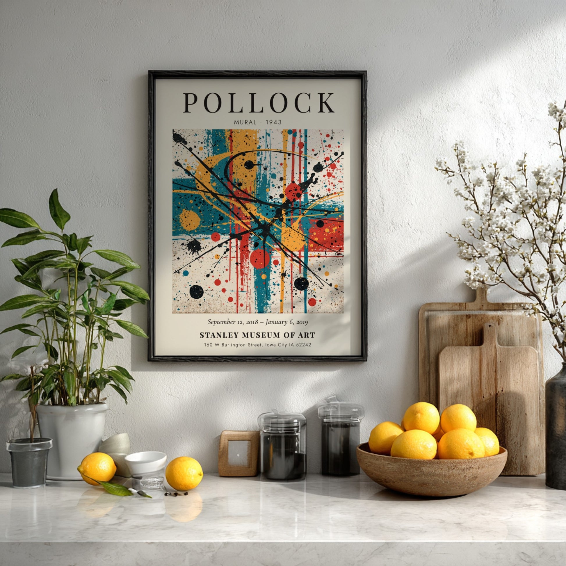 Wall art poster of Jackson Pollock Mural 1943 featuring colorful abstract paint splatters