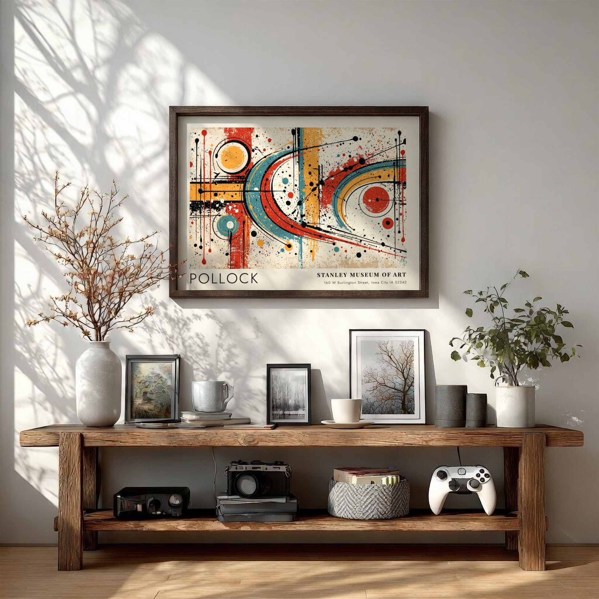 Wall art poster featuring Jackson Pollock abstract expressionist style with blue red circles