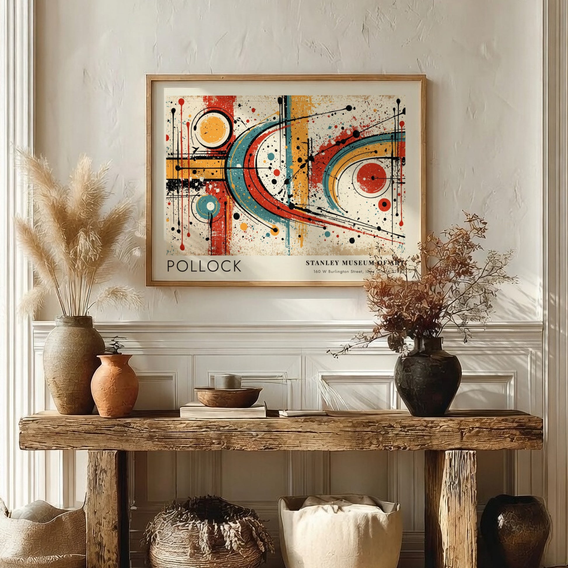 Wall art poster featuring Jackson Pollock abstract expressionist style with blue red circles