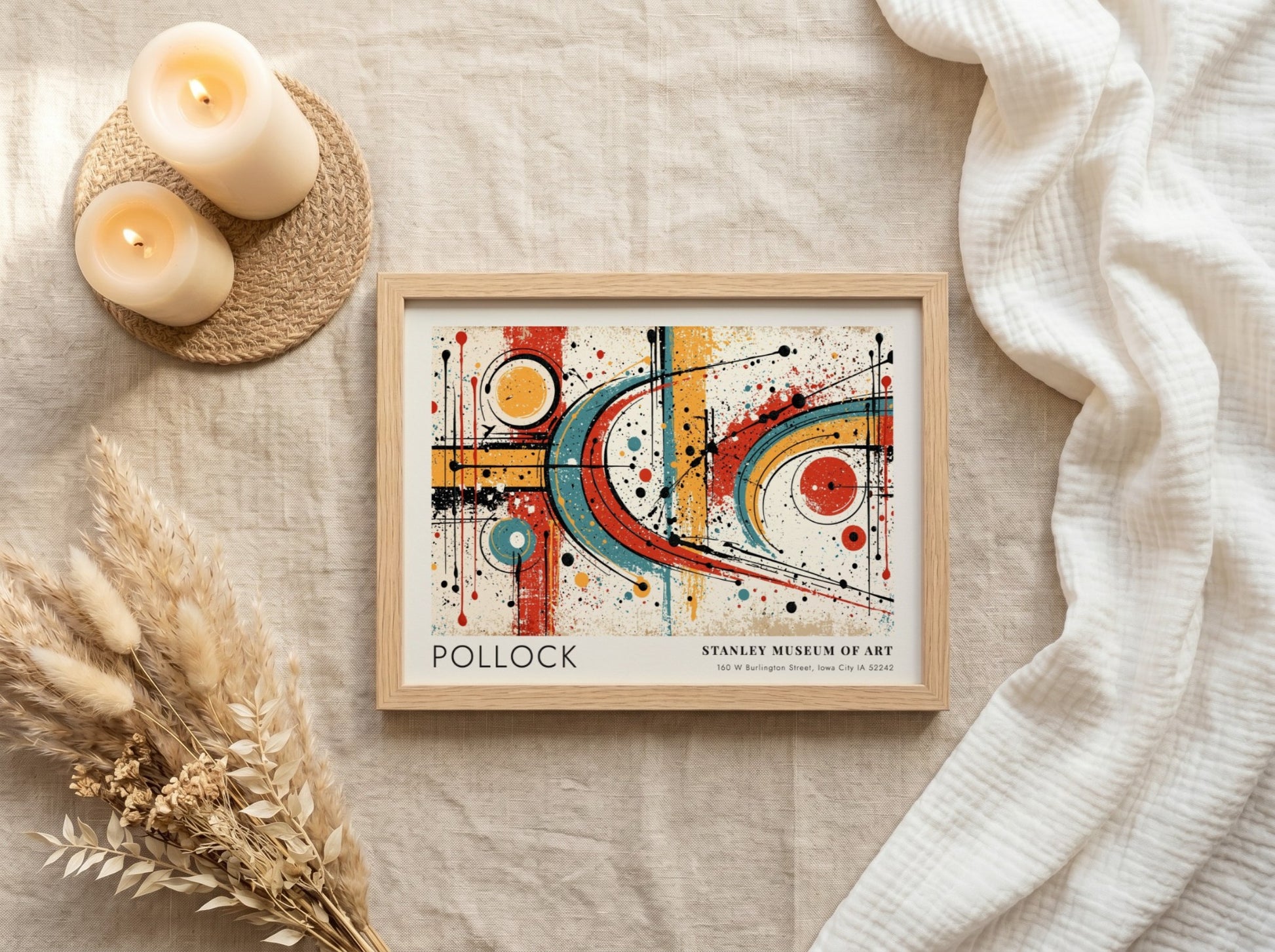 Wall art poster featuring Jackson Pollock abstract expressionist style with blue red circles