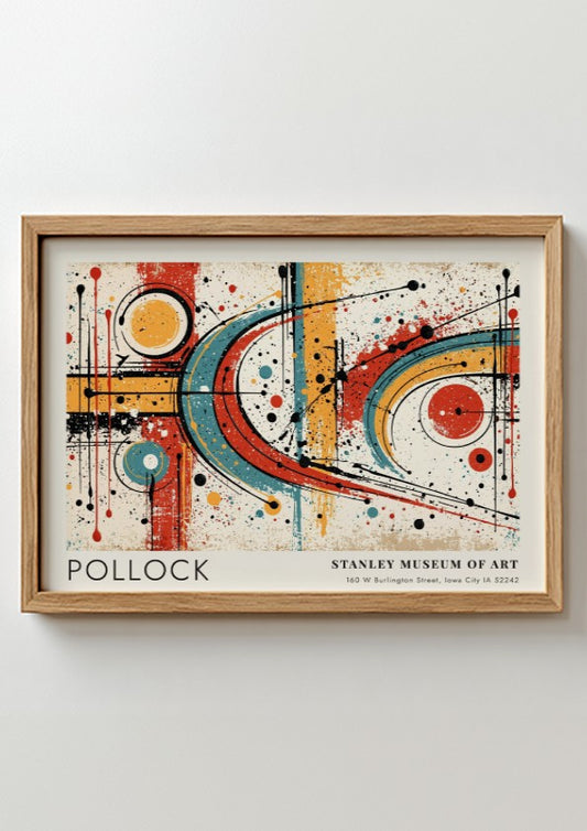 Wall art poster featuring Jackson Pollock abstract expressionist style with blue red circles