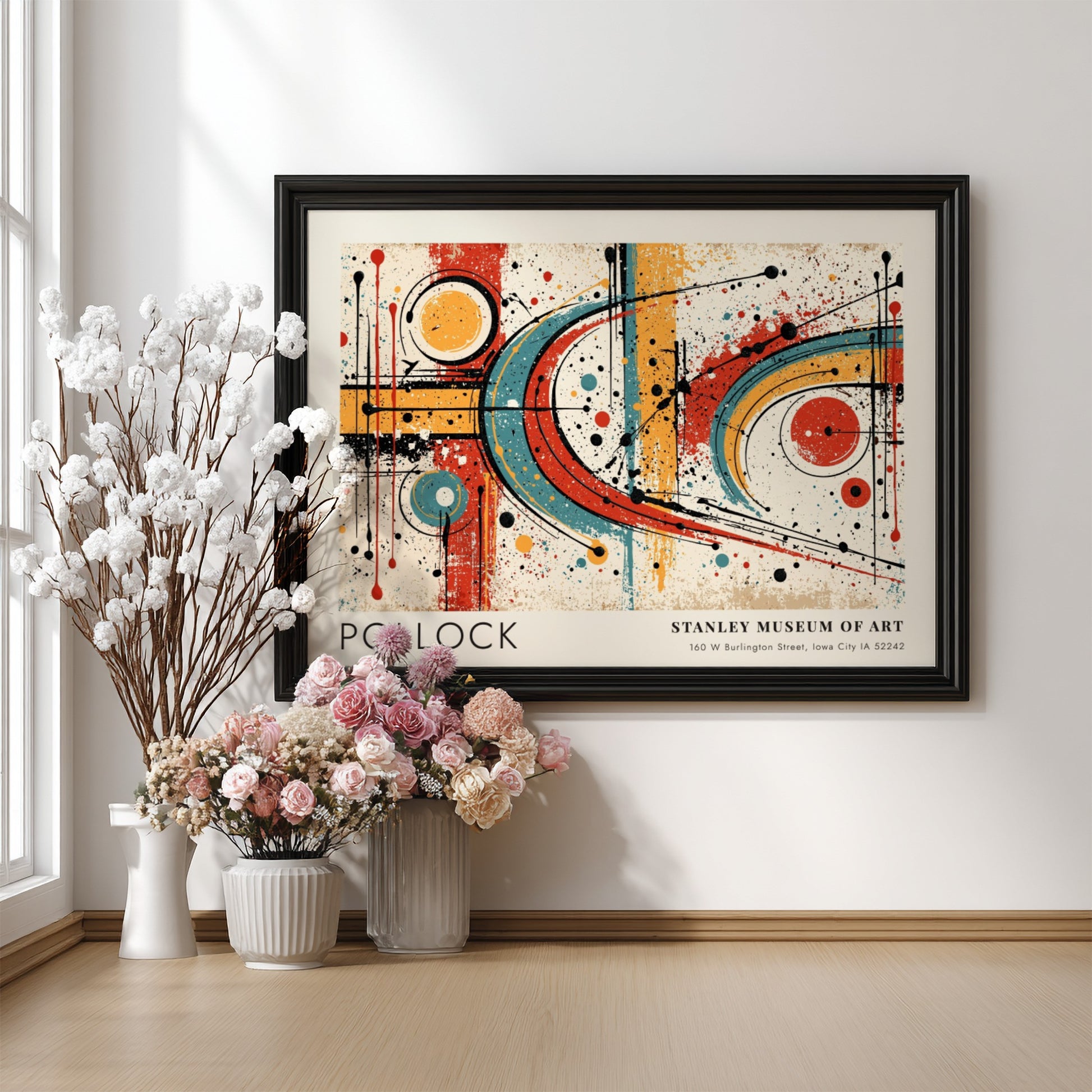 Wall art poster featuring Jackson Pollock abstract expressionist style with blue red circles