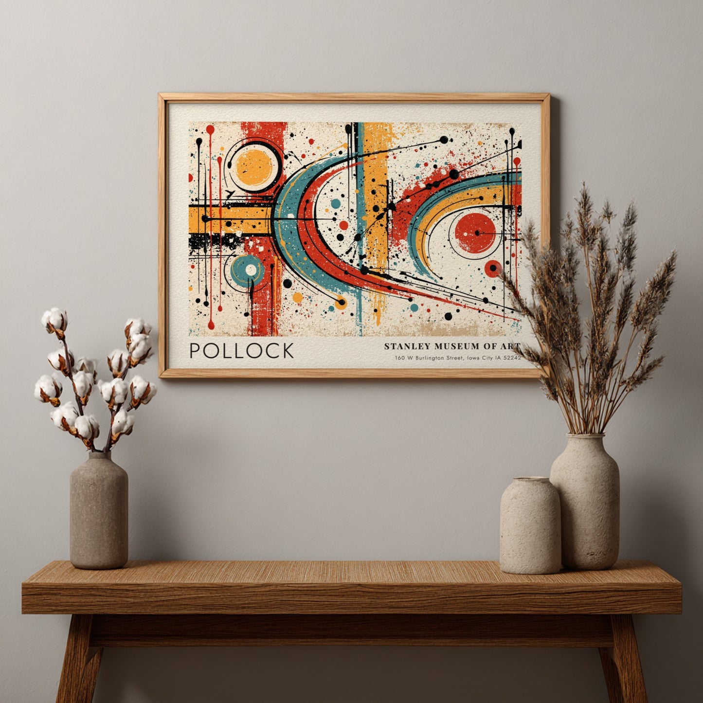 Wall art poster featuring Jackson Pollock abstract expressionist style with blue red circles