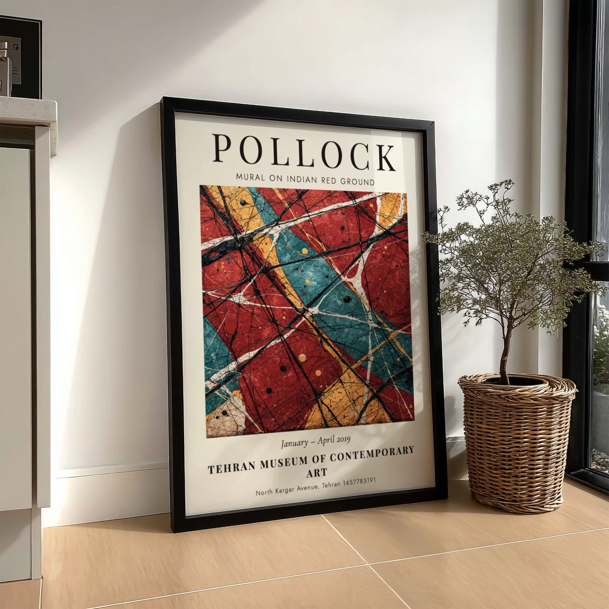 Wall art poster featuring Jackson Pollock Mural on Indian Red Ground exhibition design elements.