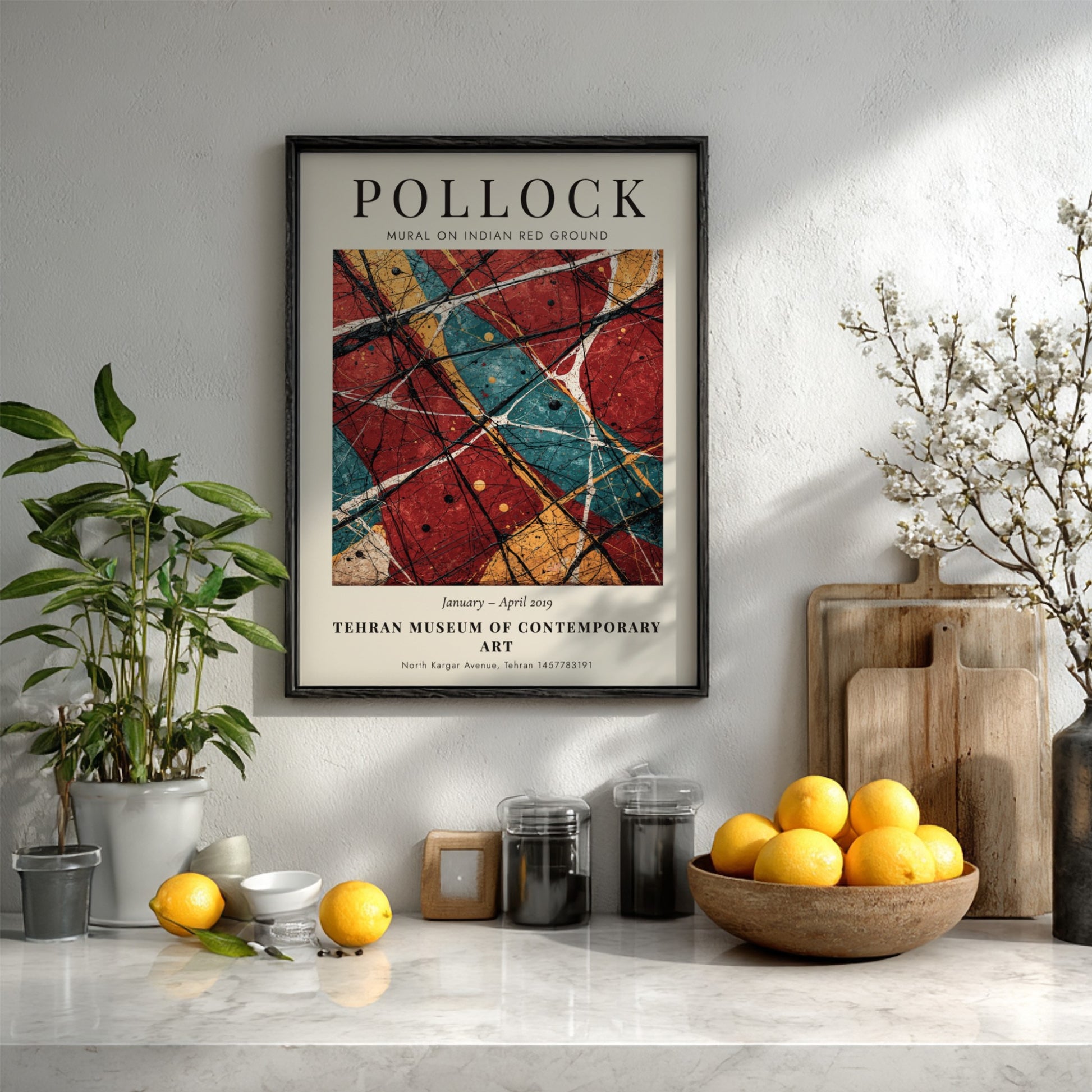 Wall art poster featuring Jackson Pollock Mural on Indian Red Ground exhibition design elements.