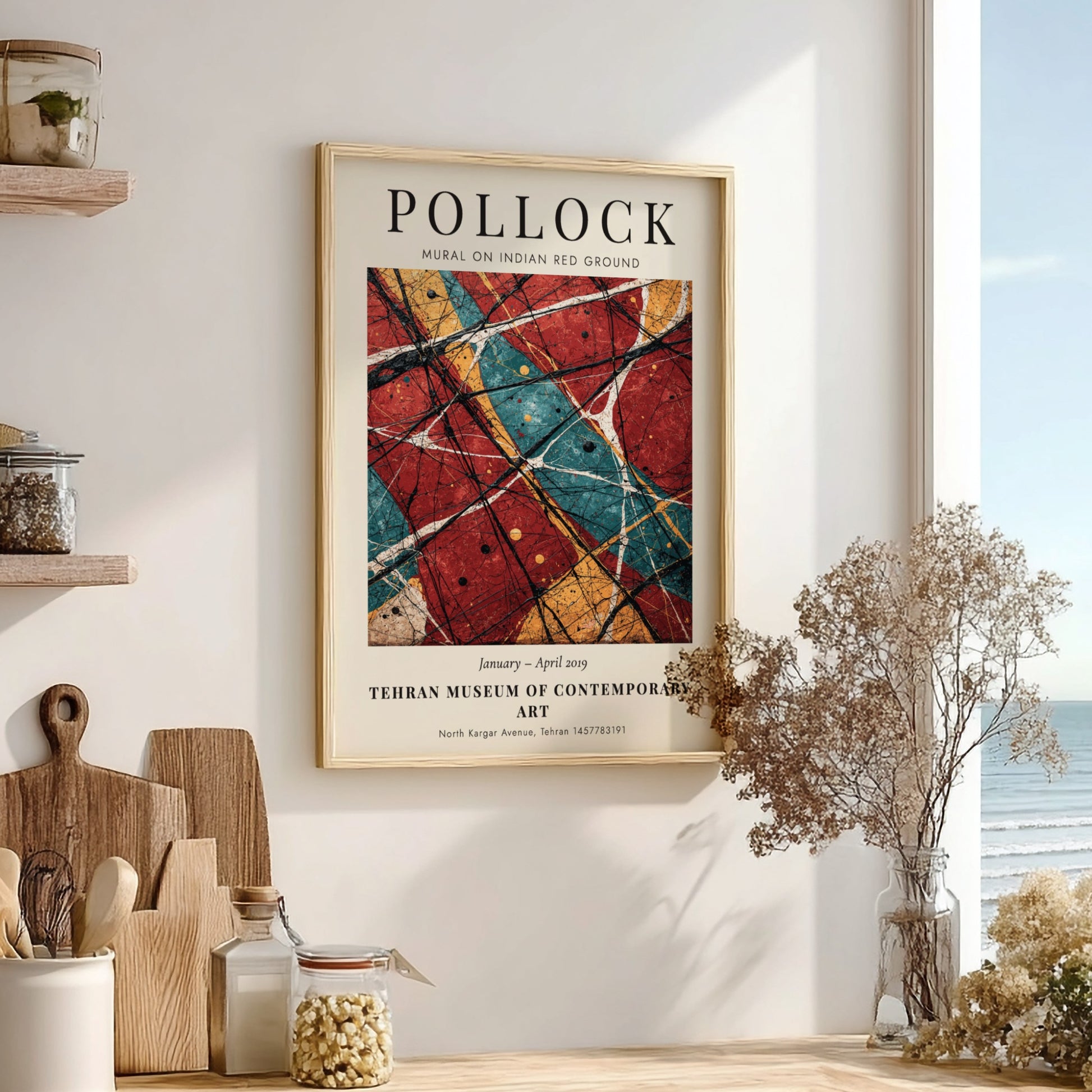 Wall art poster featuring Jackson Pollock Mural on Indian Red Ground exhibition design elements.
