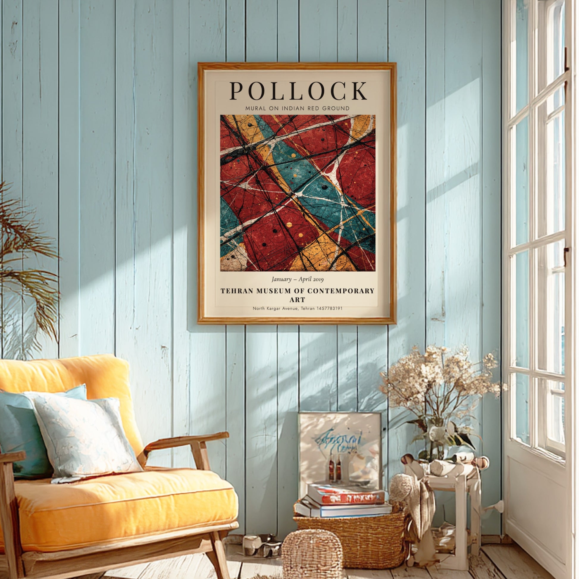 Wall art poster featuring Jackson Pollock Mural on Indian Red Ground exhibition design elements.