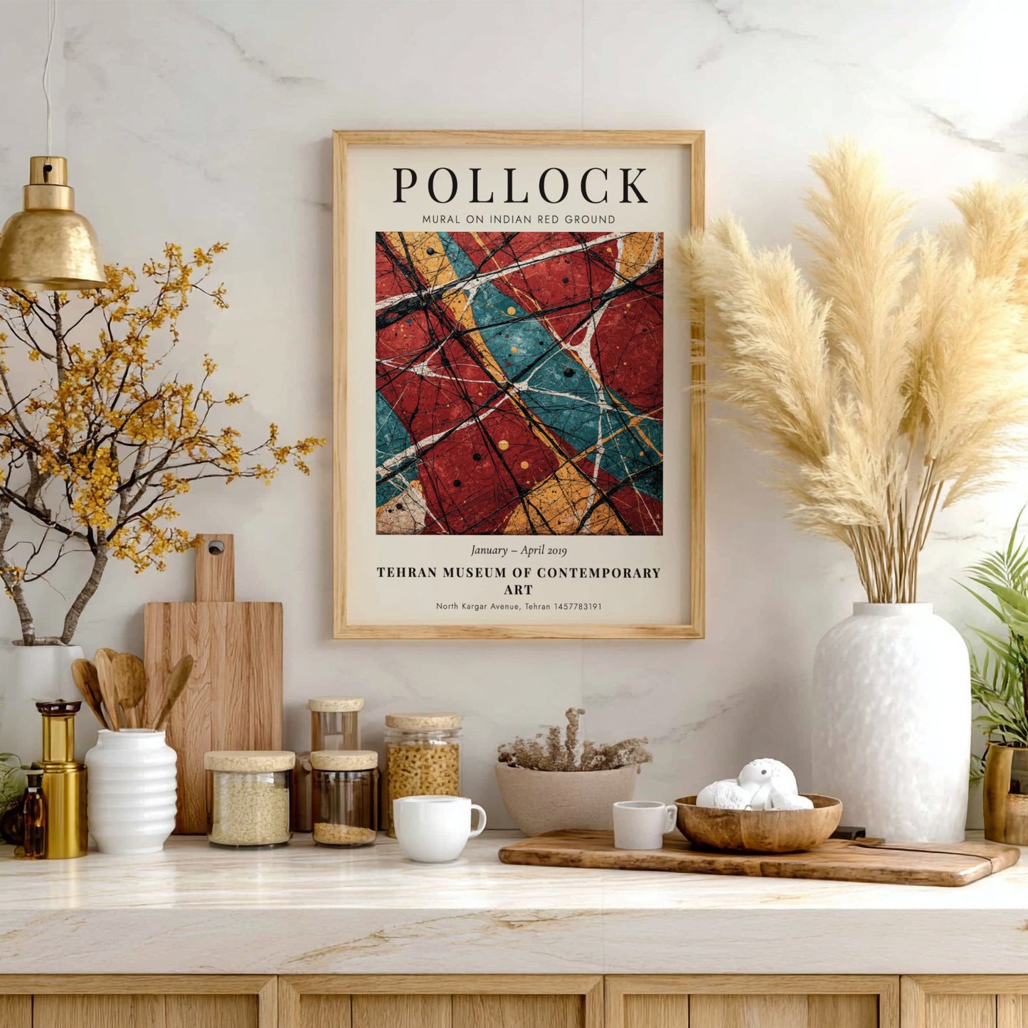 Wall art poster featuring Jackson Pollock Mural on Indian Red Ground exhibition design elements.
