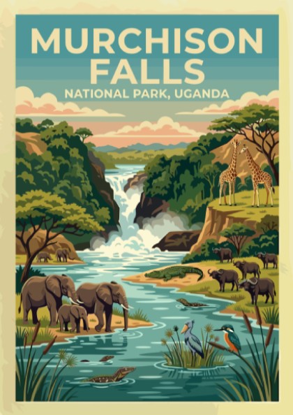 Murchison Falls poster featuring elephants, giraffes, and a waterfall in vibrant colors, perfect for nature