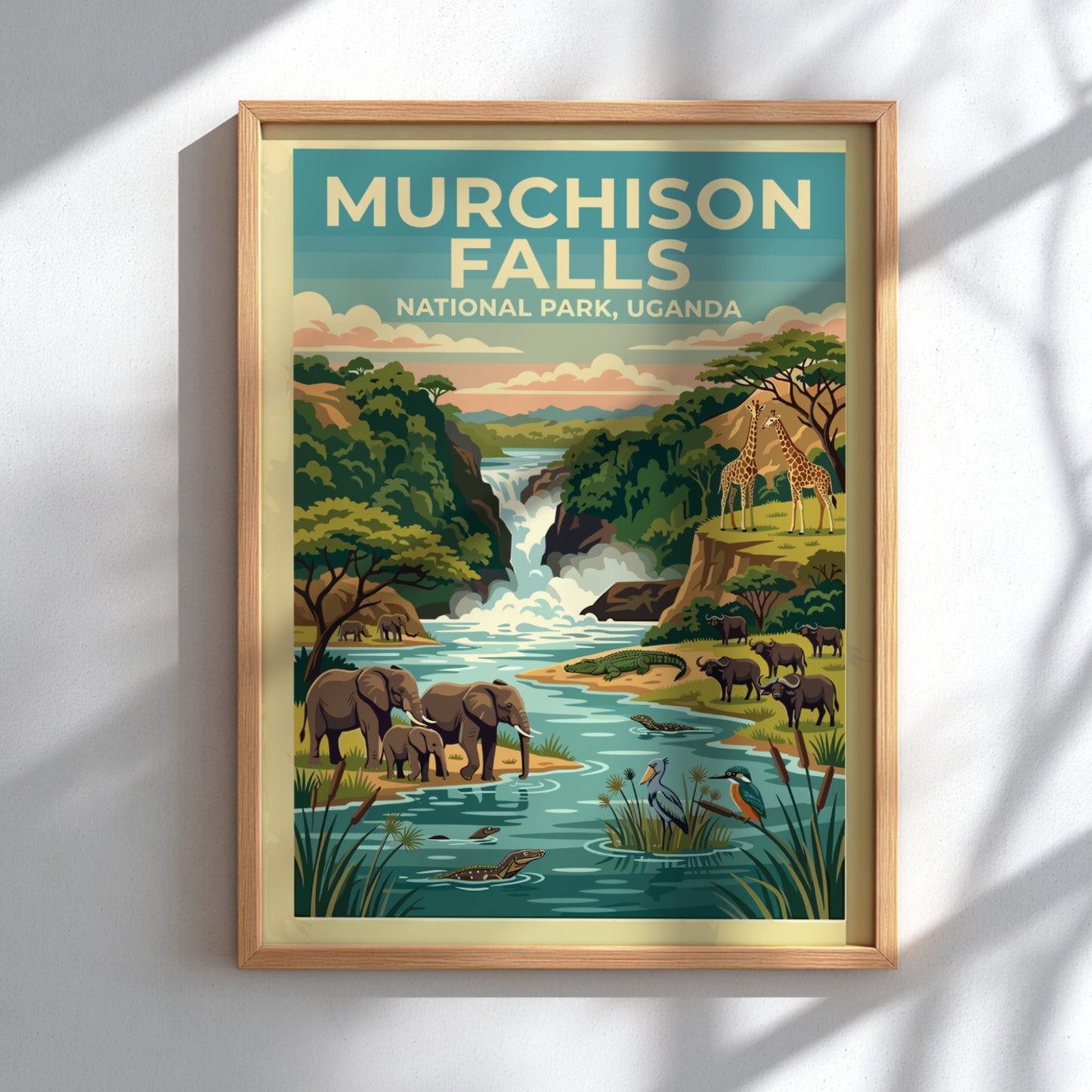 Murchison Falls poster featuring elephants, giraffes, and a waterfall in vibrant colors, perfect for nature