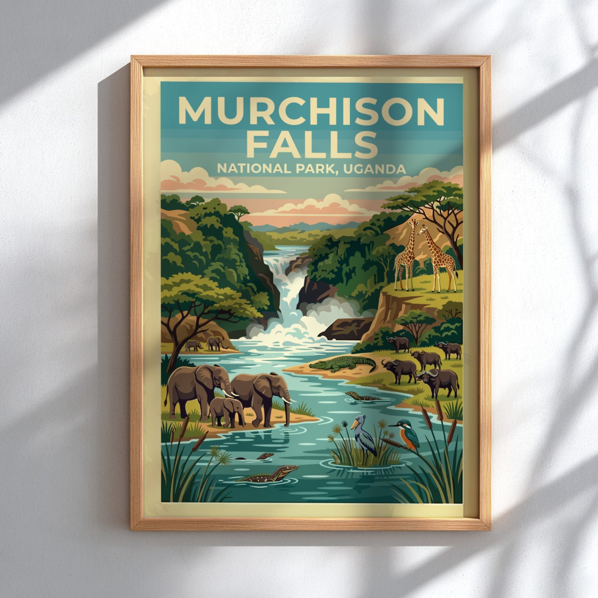 Murchison Falls poster featuring elephants, giraffes, and a waterfall in vibrant colors, perfect for nature