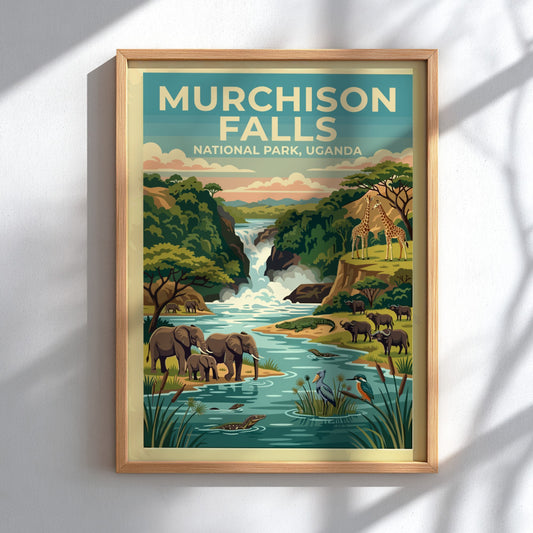 Murchison Falls poster featuring elephants, giraffes, and a waterfall in vibrant colors, perfect for nature
