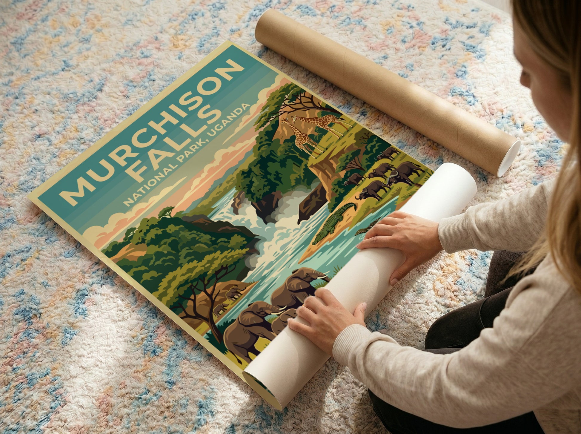 Murchison Falls poster featuring elephants, giraffes, and a waterfall in vibrant colors, perfect for nature