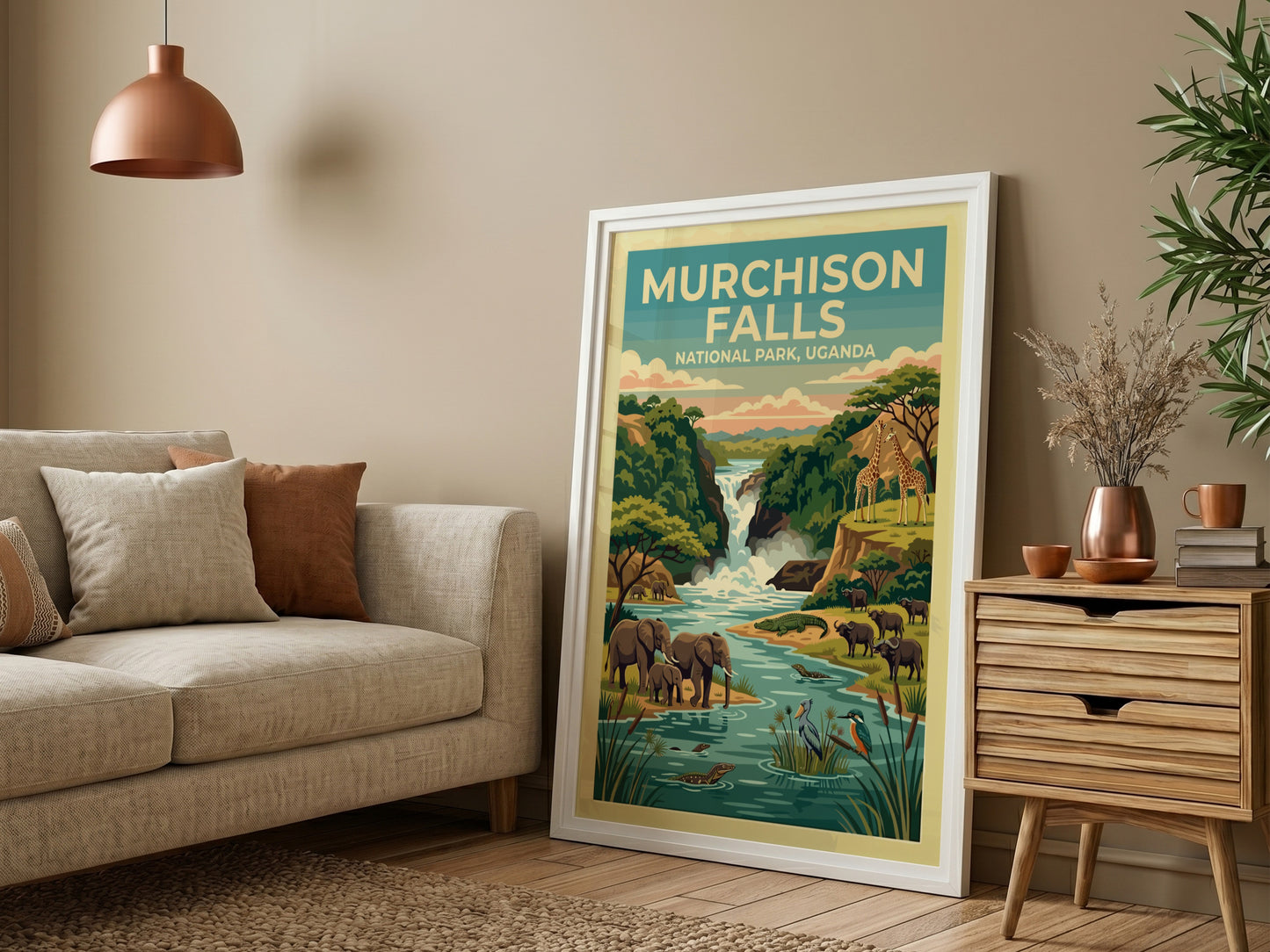 Murchison Falls poster featuring elephants, giraffes, and a waterfall in vibrant colors, perfect for nature