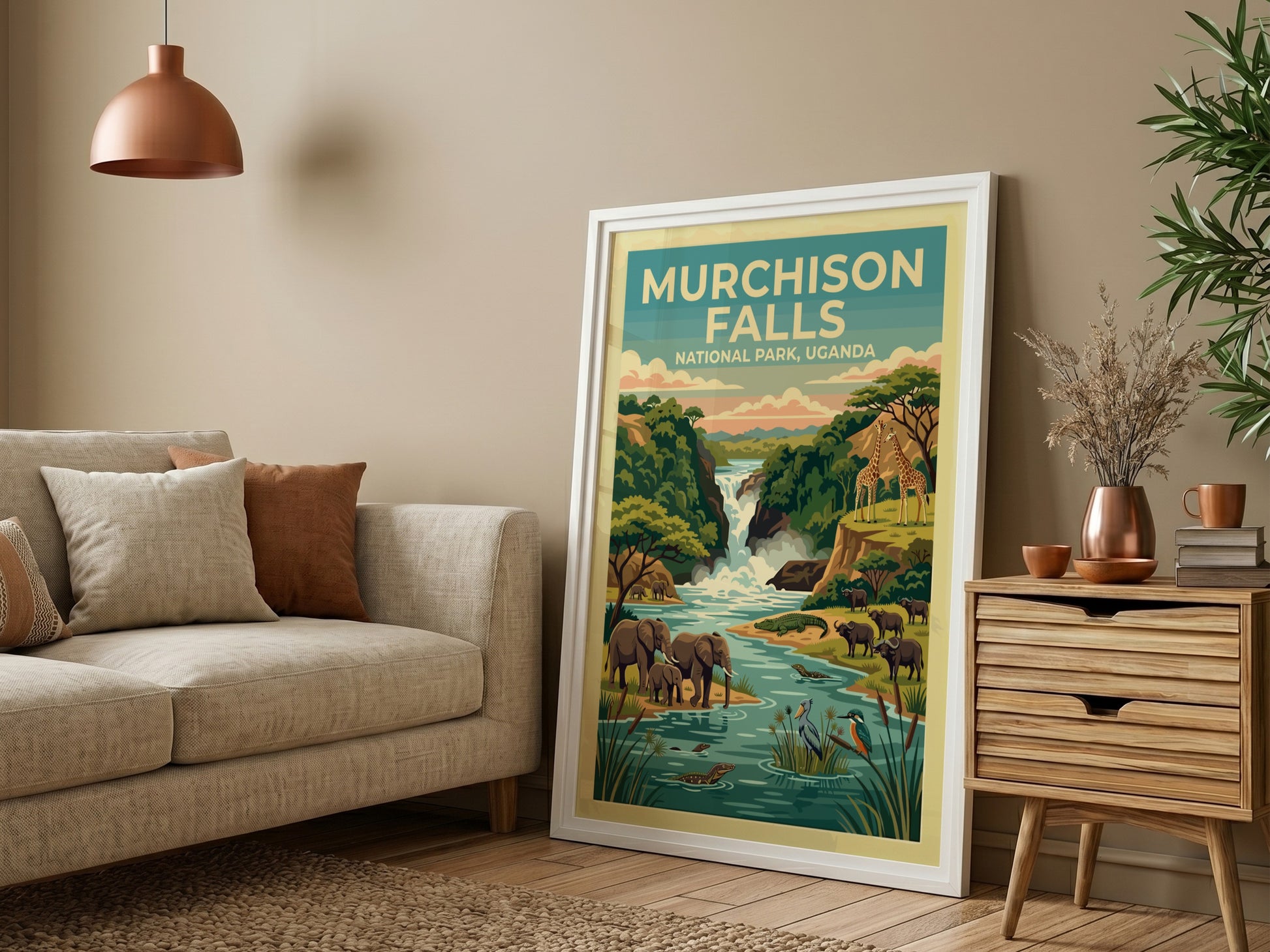 Murchison Falls poster featuring elephants, giraffes, and a waterfall in vibrant colors, perfect for nature