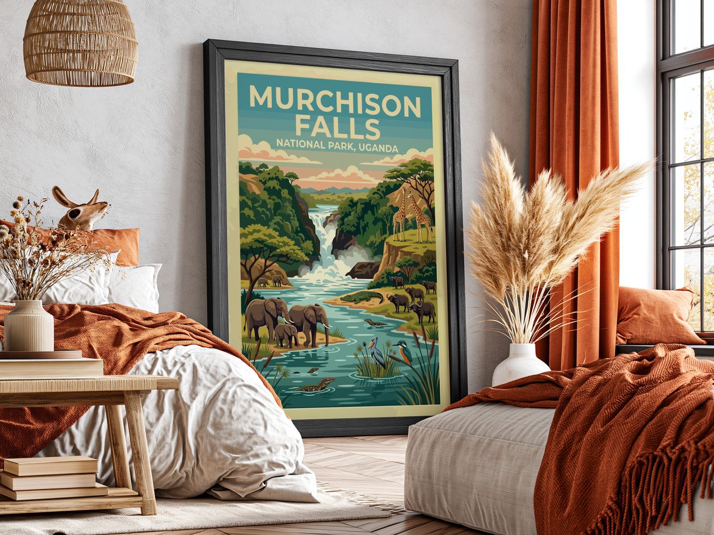 Murchison Falls poster featuring elephants, giraffes, and a waterfall in vibrant colors, perfect for nature