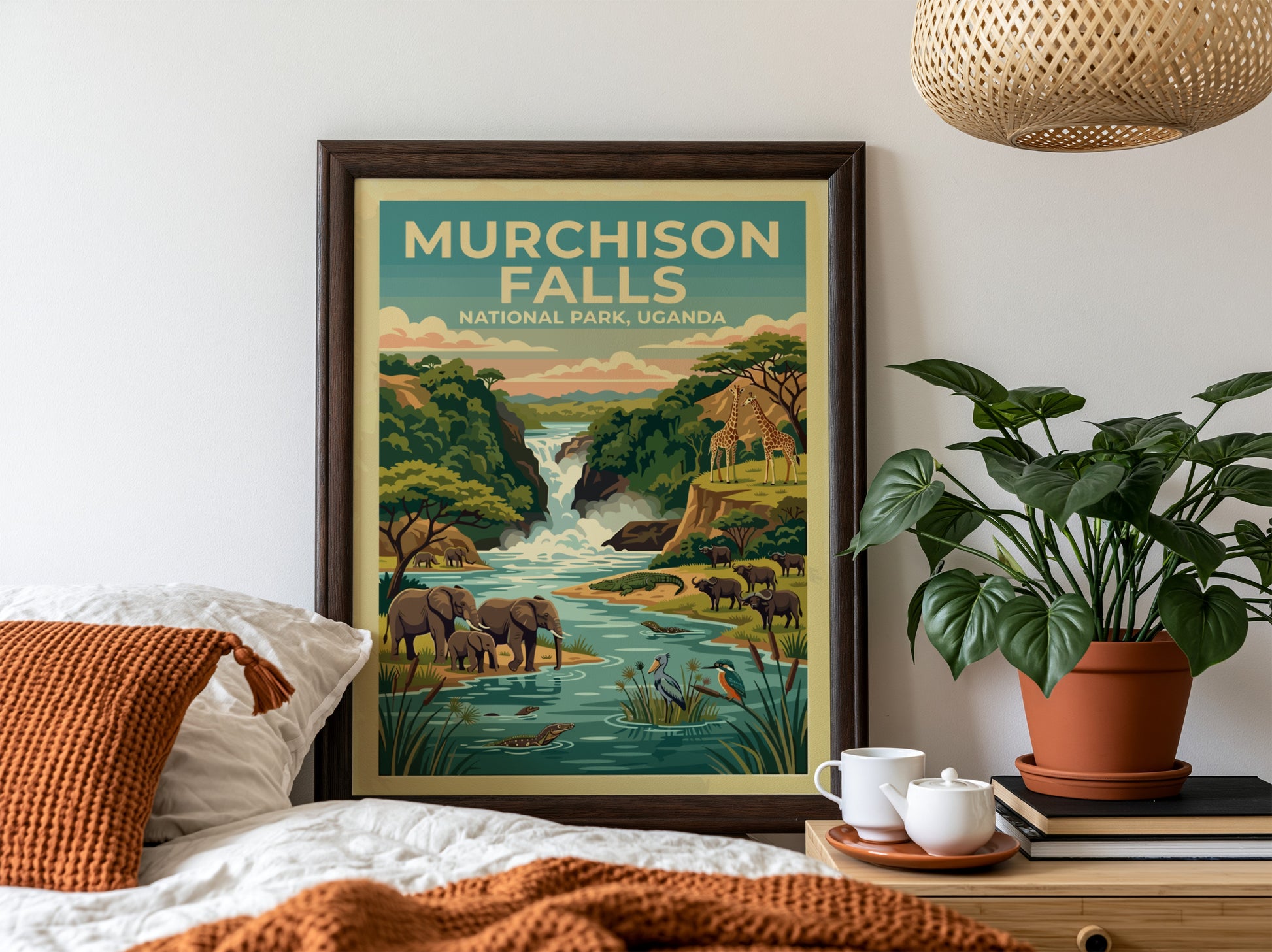 Murchison Falls poster featuring elephants, giraffes, and a waterfall in vibrant colors, perfect for nature