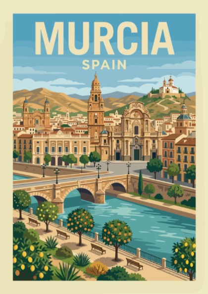 Murcia Spain travel poster featuring a cityscape with a cathedral and river in a warm, illustrative style.