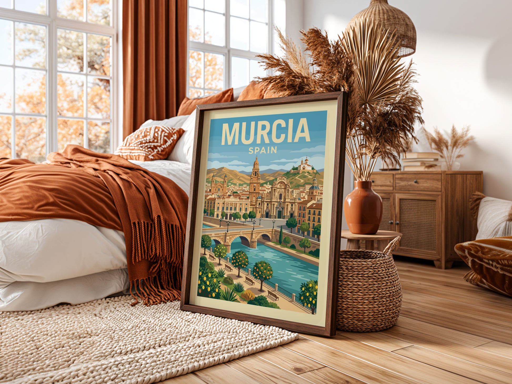 Murcia Spain travel poster featuring a cityscape with a cathedral and river in a warm, illustrative style.