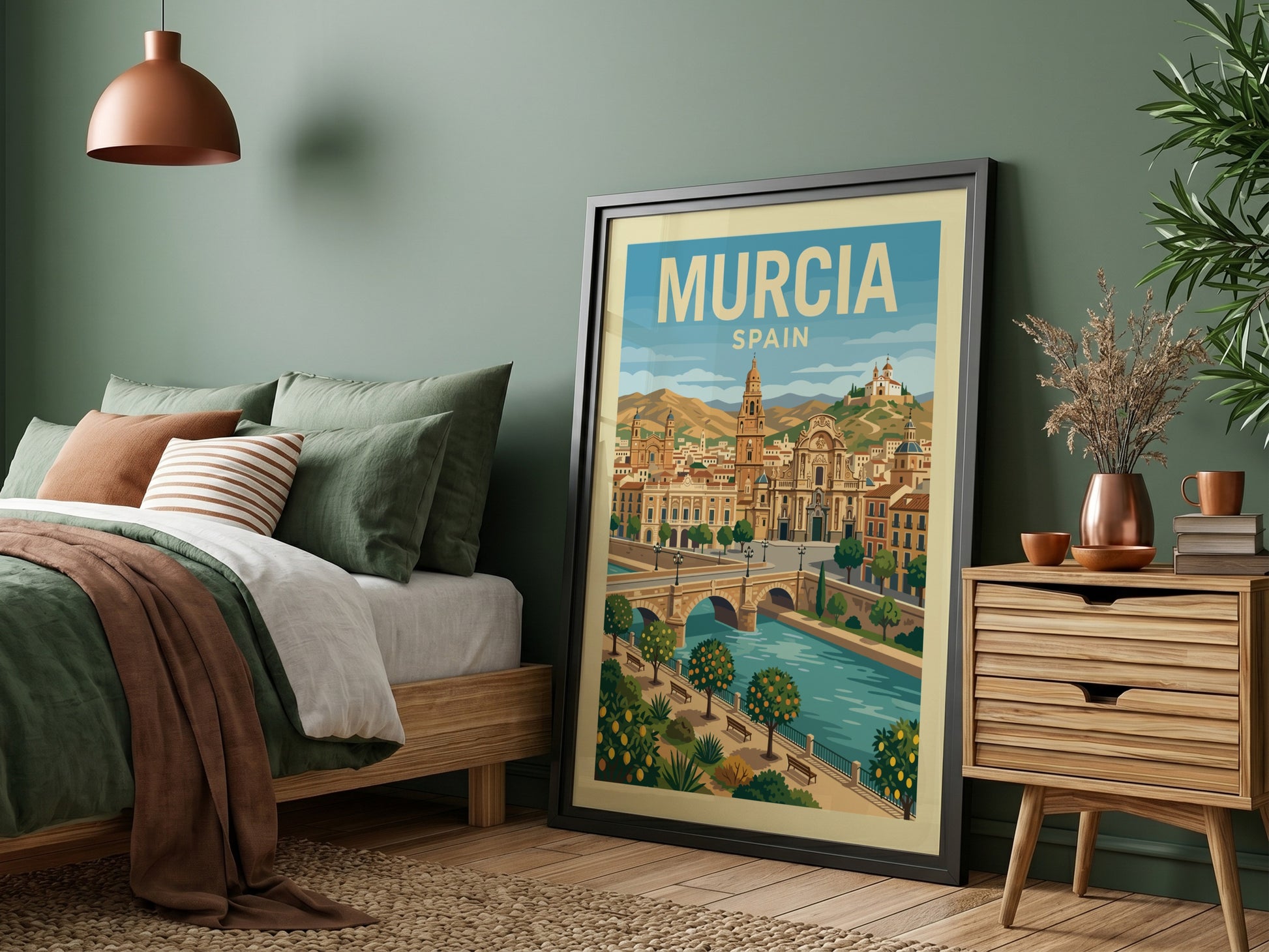 Murcia Spain travel poster featuring a cityscape with a cathedral and river in a warm, illustrative style.