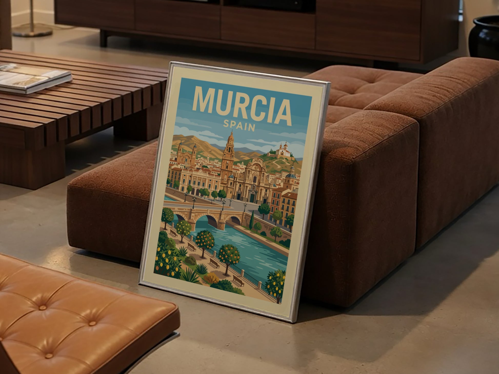 Murcia Spain travel poster featuring a cityscape with a cathedral and river in a warm, illustrative style.