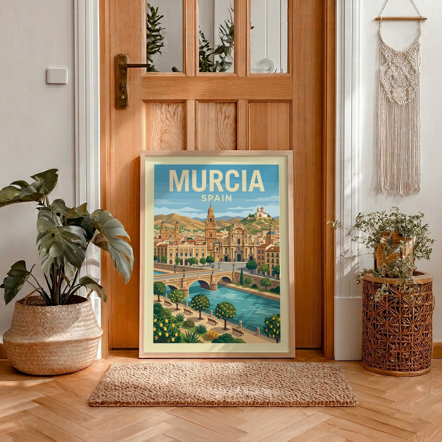 Murcia Spain travel poster featuring a cityscape with a cathedral and river in a warm, illustrative style.