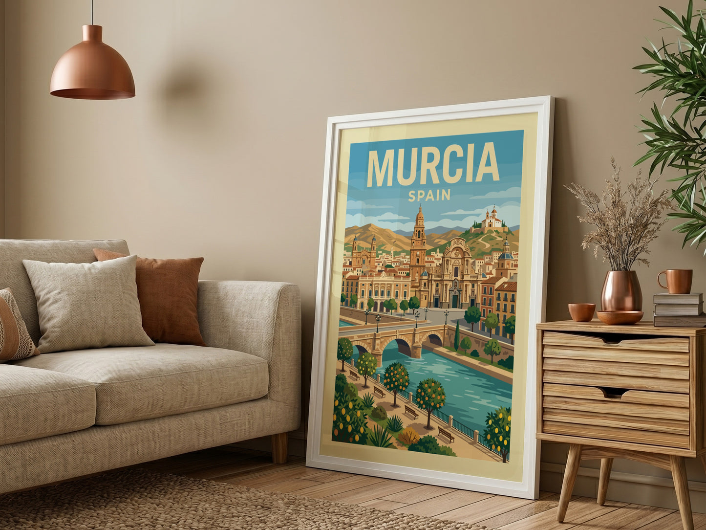 Murcia Spain travel poster featuring a cityscape with a cathedral and river in a warm, illustrative style.