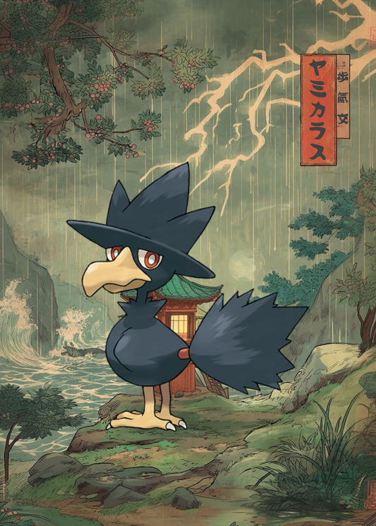 Murkrow Pokemon standing in a Japanese-style landscape with lightning and cherry blossoms.