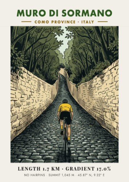 Poster featuring a cyclist climbing the steep cobblestone Muro Di Sormano in Italy.
