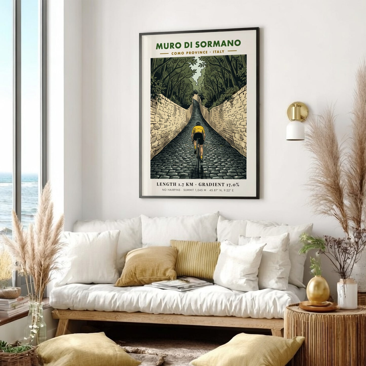 Poster featuring a cyclist climbing the steep cobblestone Muro Di Sormano in Italy.