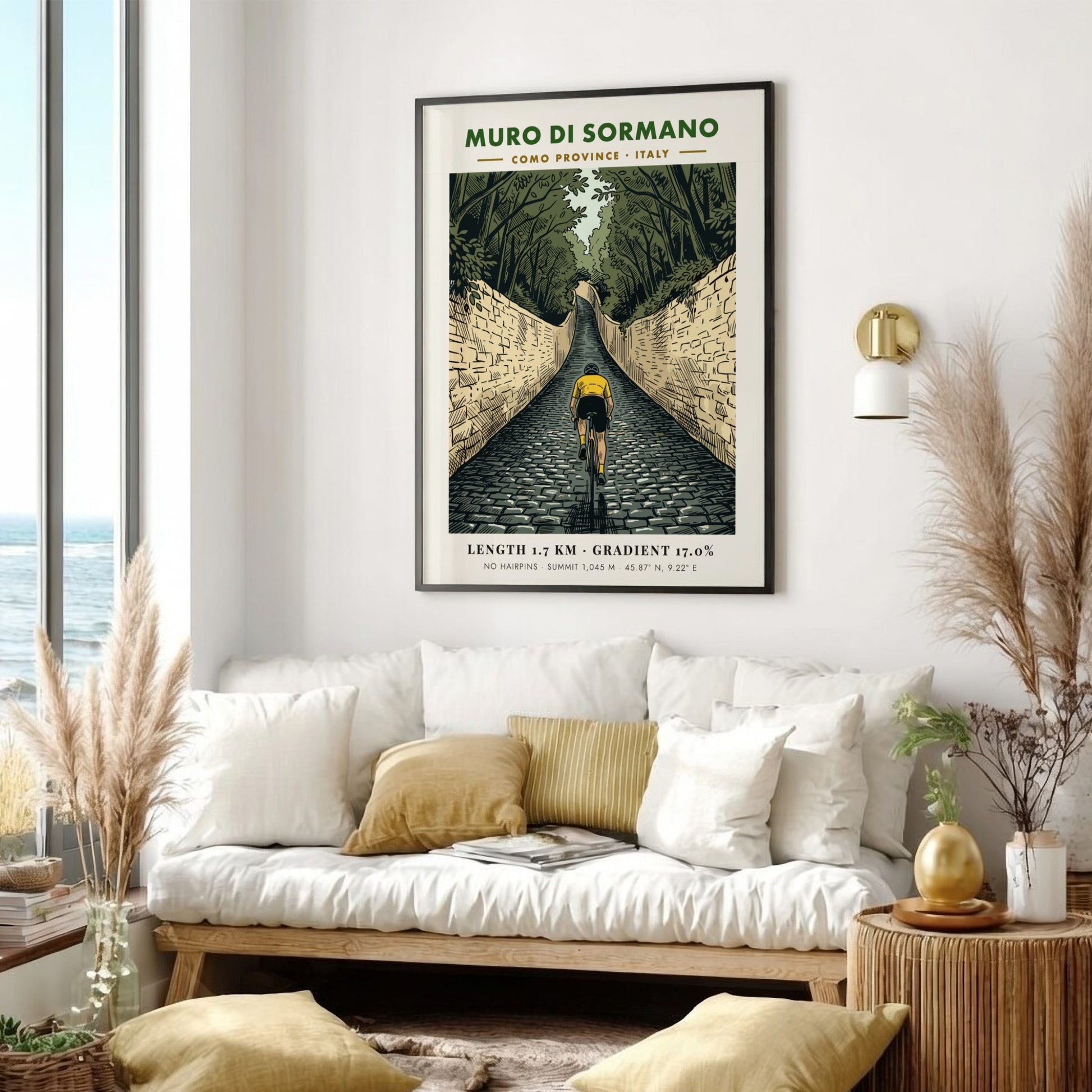 Poster featuring a cyclist climbing the steep cobblestone Muro Di Sormano in Italy.