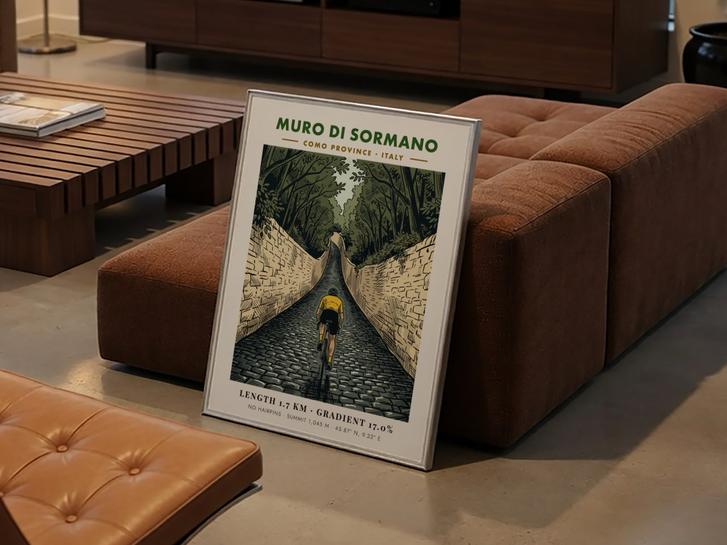 Poster featuring a cyclist climbing the steep cobblestone Muro Di Sormano in Italy.