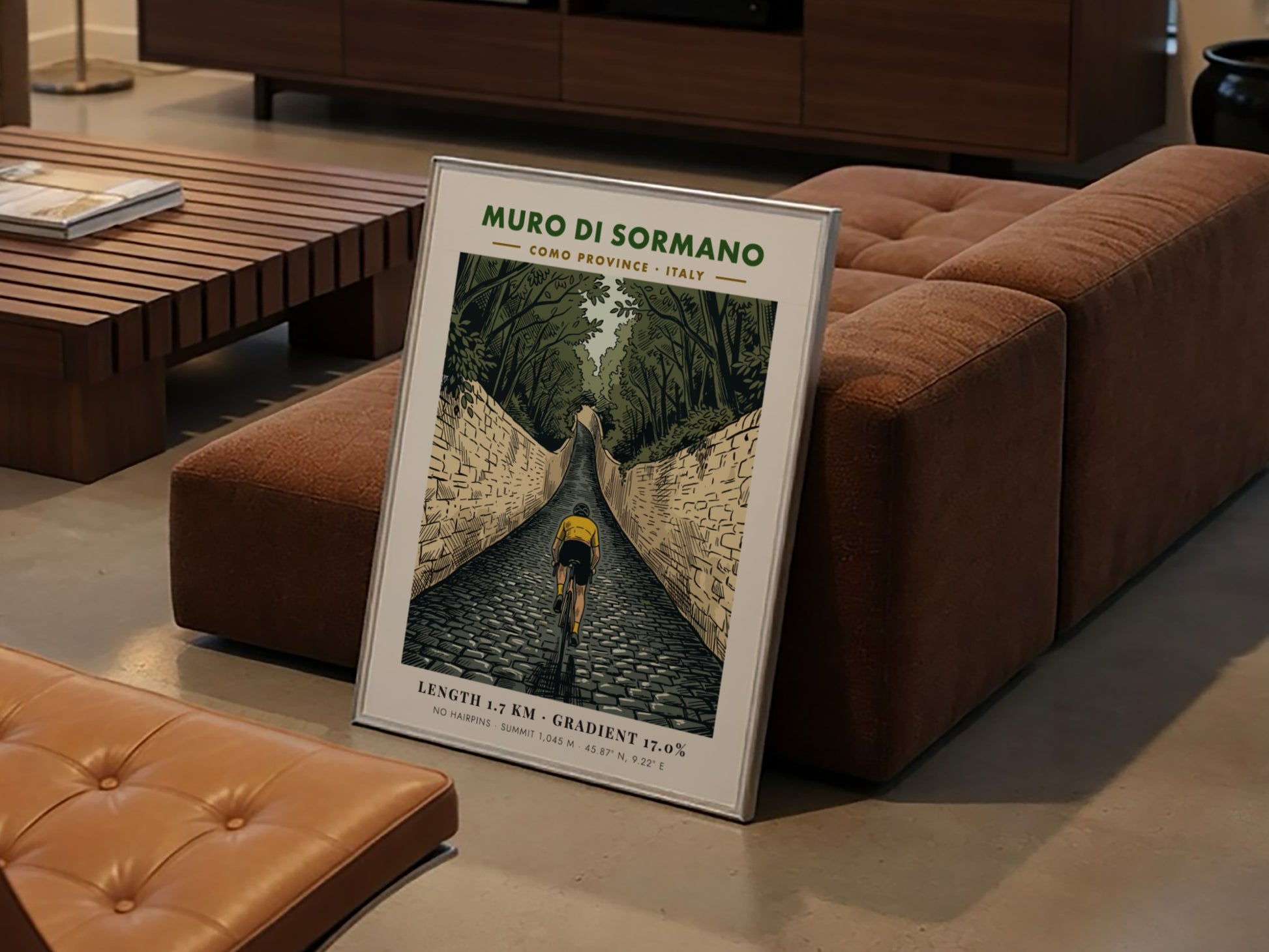 Poster featuring a cyclist climbing the steep cobblestone Muro Di Sormano in Italy.