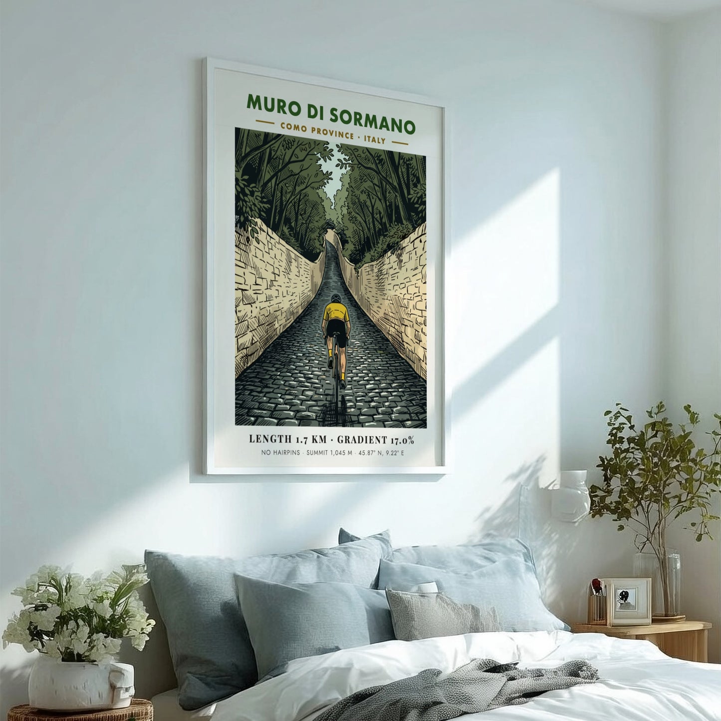 Poster featuring a cyclist climbing the steep cobblestone Muro Di Sormano in Italy.